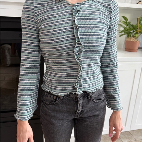 Levi's Blue Gray Ribbed Ruffled Blouse - Picture 1 of 4